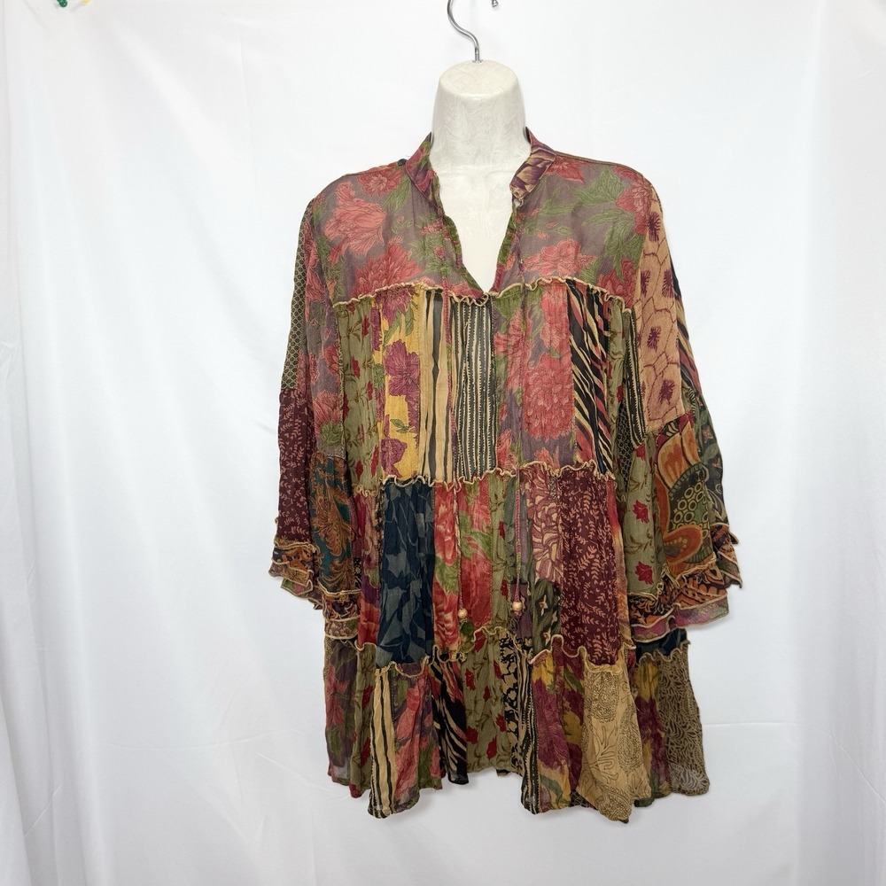 Young Threads Boho Sheer Patchwork Top Bell Sleeves Forest Fairy S Ren Faire - Picture 2 of 12